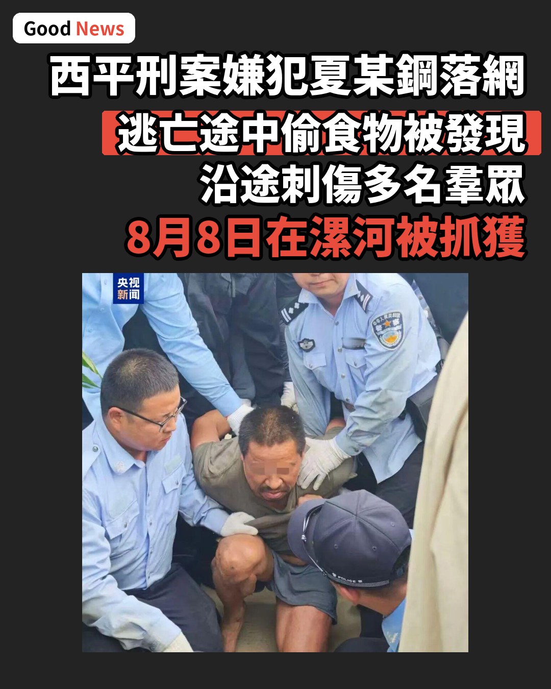 河南西平刑案嫌犯夏某鋼落網 逃亡途中刺傷多人