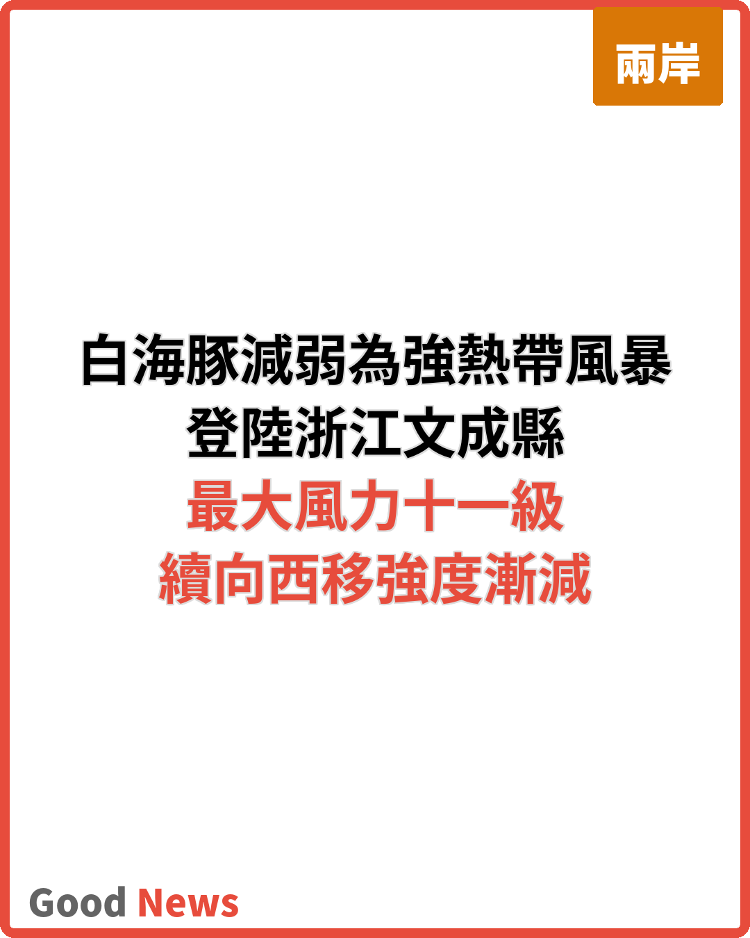 「白海豚」減弱為強熱帶風暴 浙江登陸後續向西移動