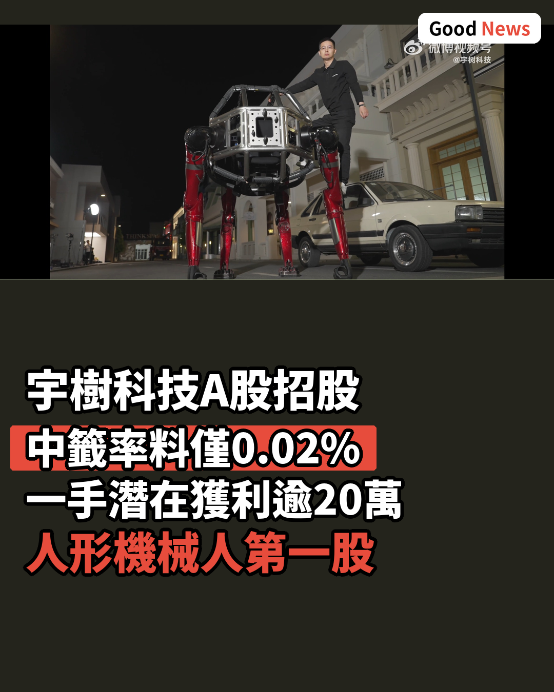 宇樹科技A股招股 中籤率料僅0.02%至0.03%