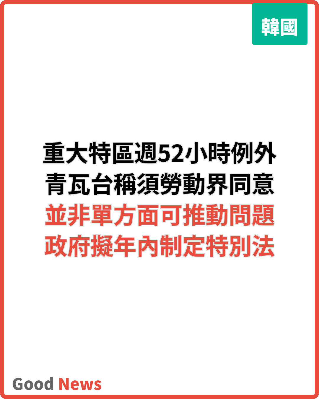 青瓦台稱重大特區週52小時例外須獲勞動界同意