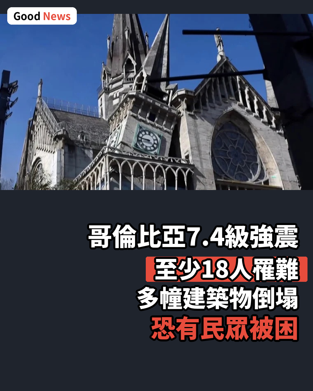 哥倫比亞7.4級強震致18死 建築倒塌
