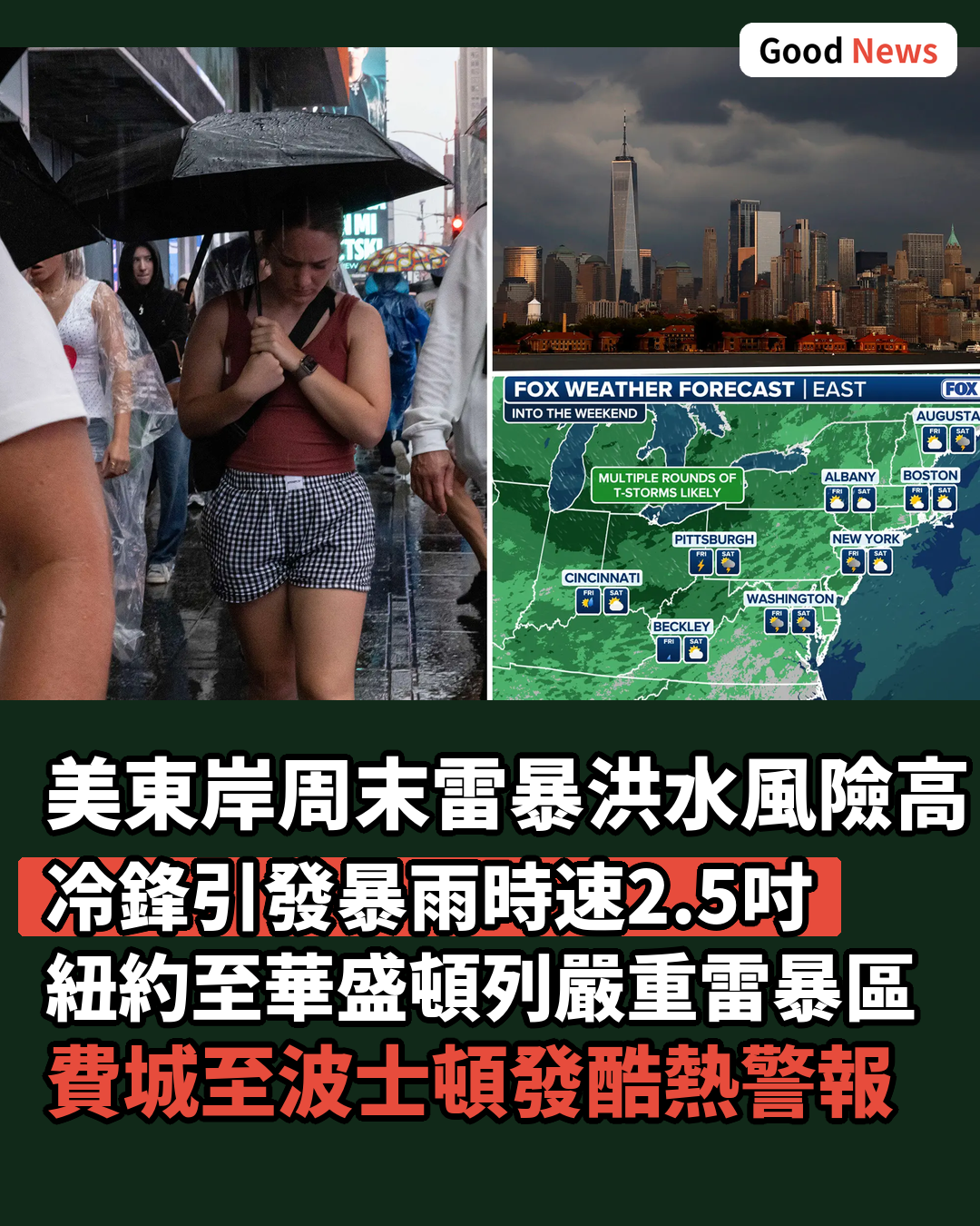 強烈雷暴洪水威脅美東岸 周末持續酷熱
