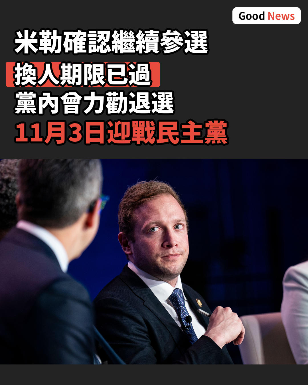 被控家暴眾議員米勒不退選 換人期限已過