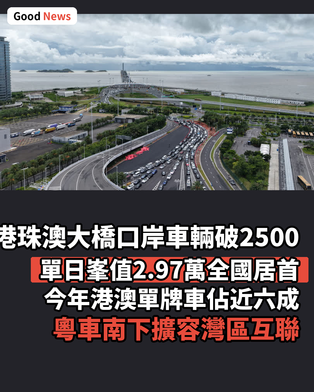 港珠澳大橋口岸進出境車輛累計突破2500萬輛次