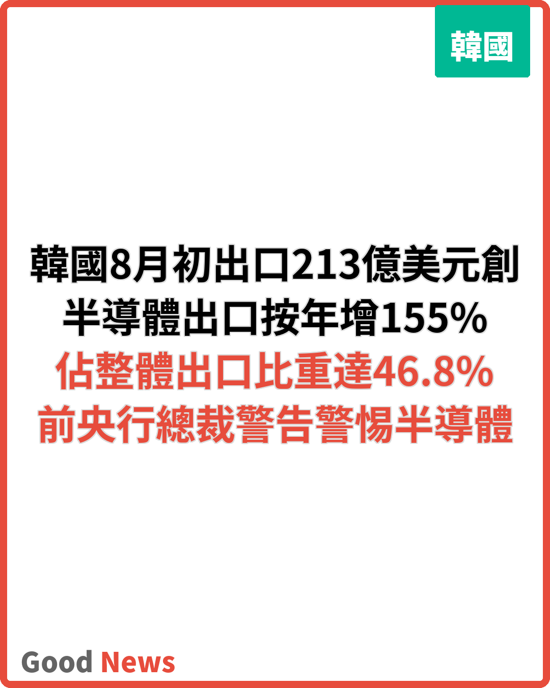 韓國8月初出口213億美元創新高 半導體佔近半
