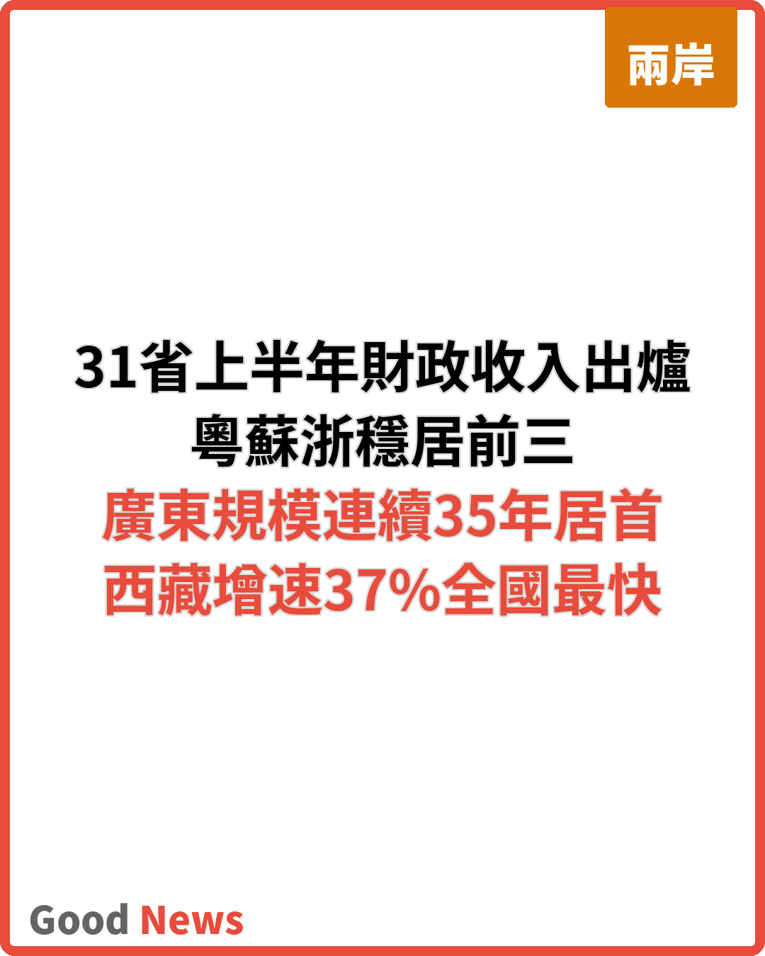 31省上半年財政收入出爐 粵蘇浙居前三