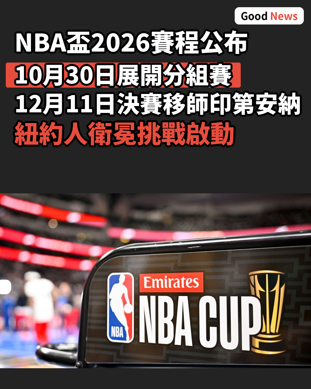 NBA盃2026公布賽程 12月11日決賽移師印第安納