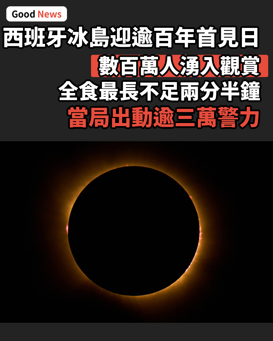 西班牙冰島迎逾百年首見日全食 數百萬人湧入觀賞