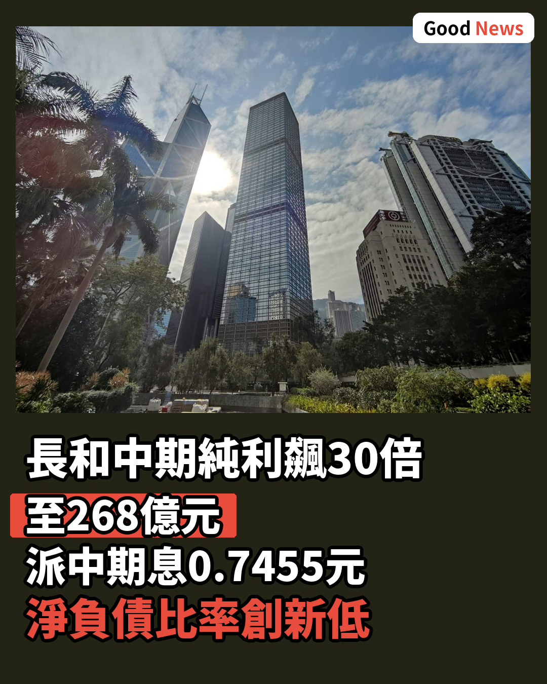 長和中期純利飆30倍至268億 派息0.7455元