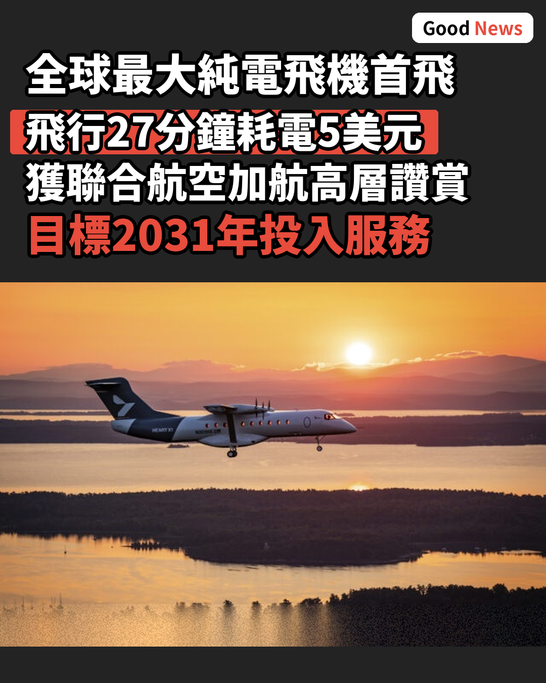 全球最大純電飛機首飛成功 耗電僅5美元