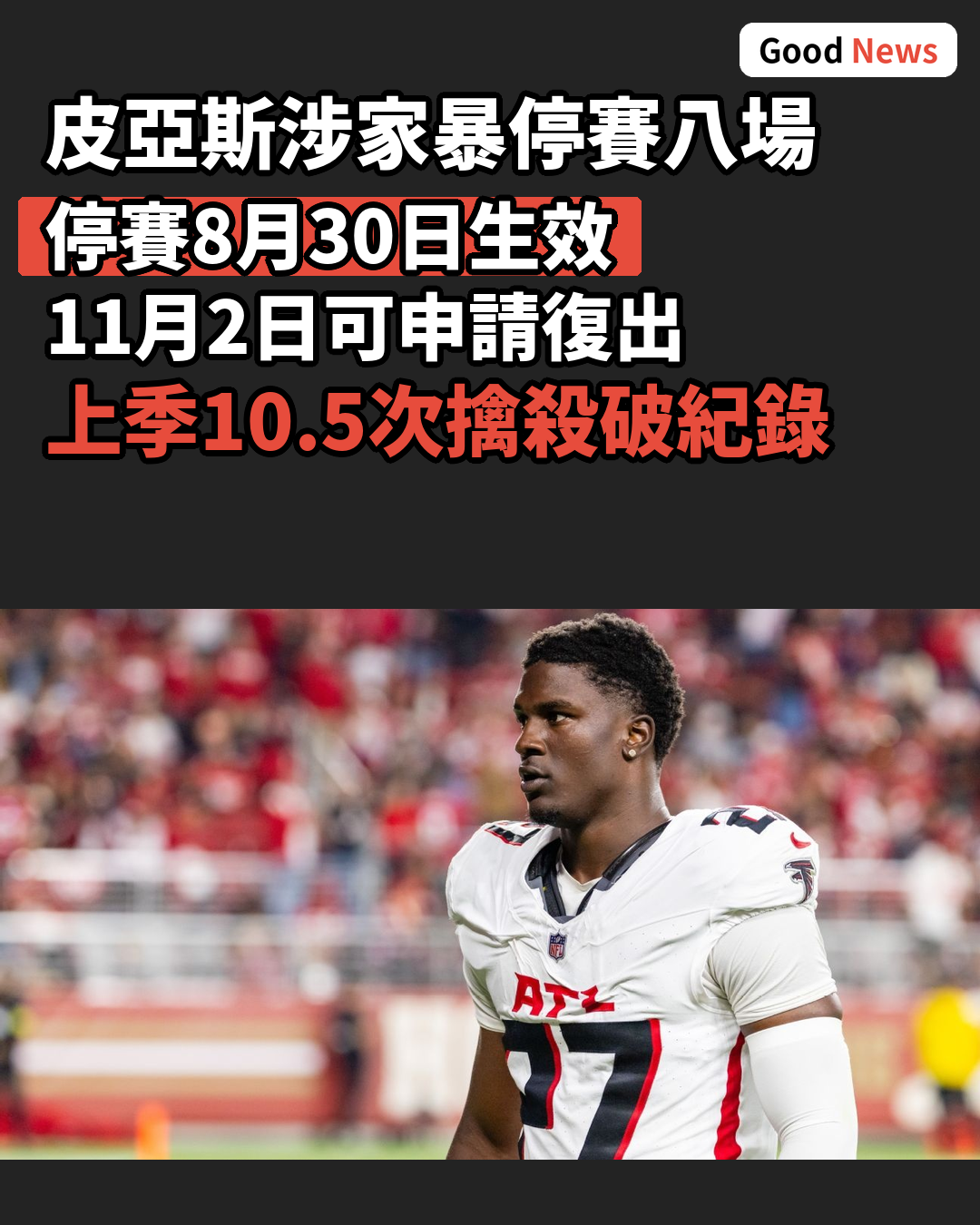 NFL罰鷹隊皮亞斯停賽8場涉家暴指控