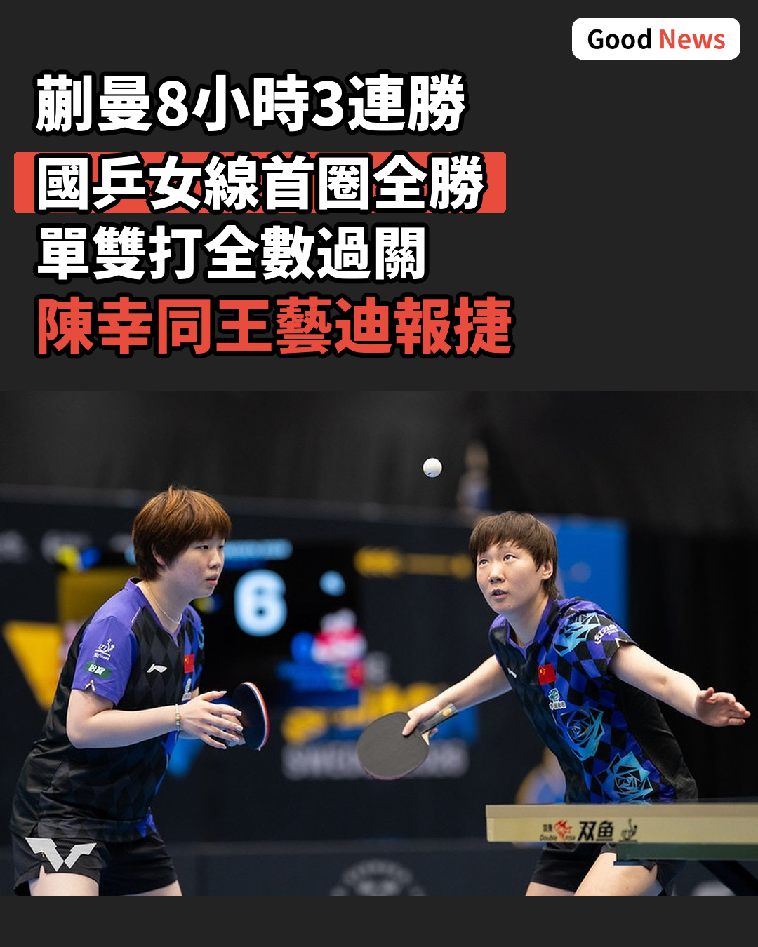 WTT瑞典大滿貫蒯曼8小時3連勝 國乒女線首圈全勝