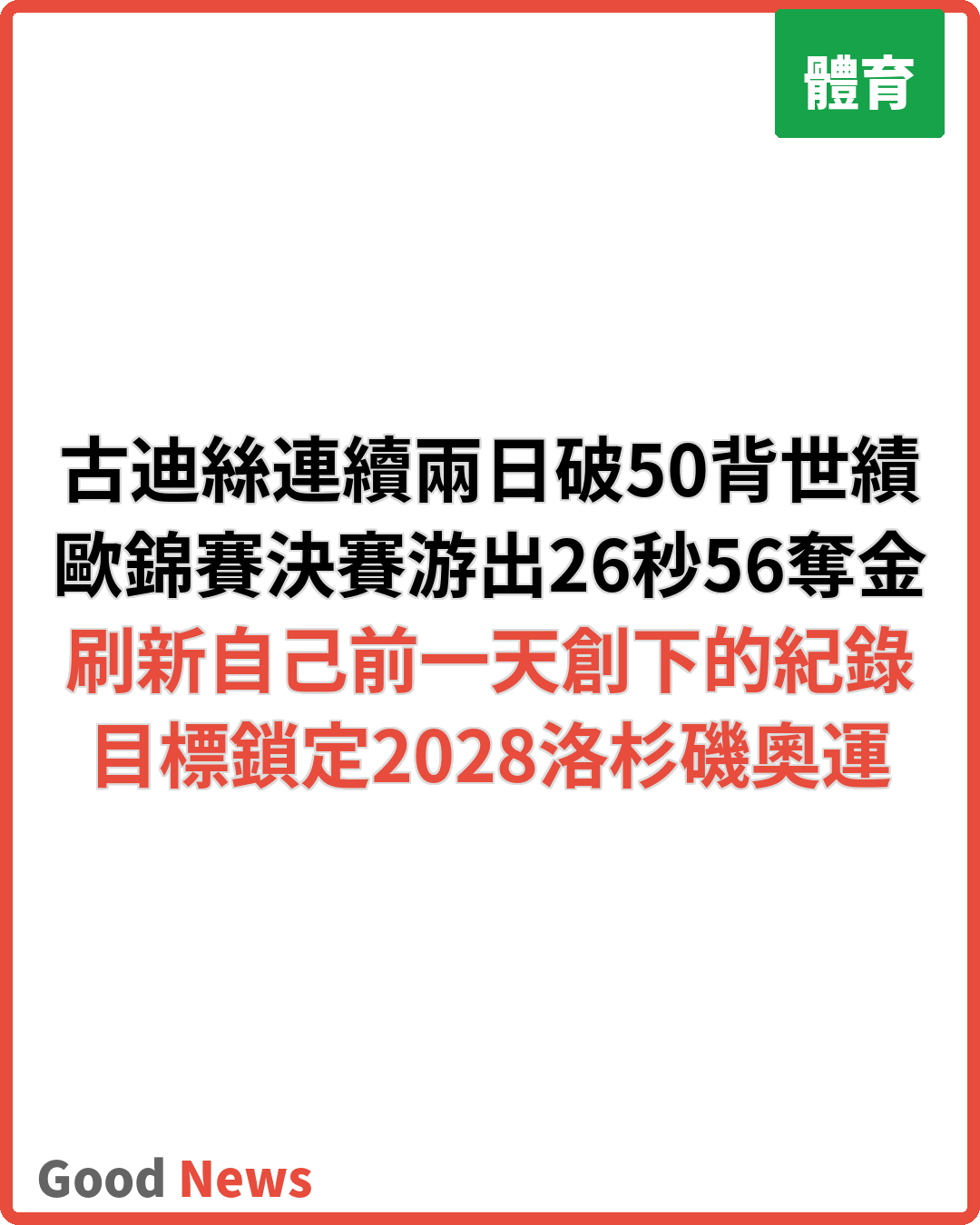 古迪絲連續兩日刷新50背世績 放眼2028洛杉磯奧運