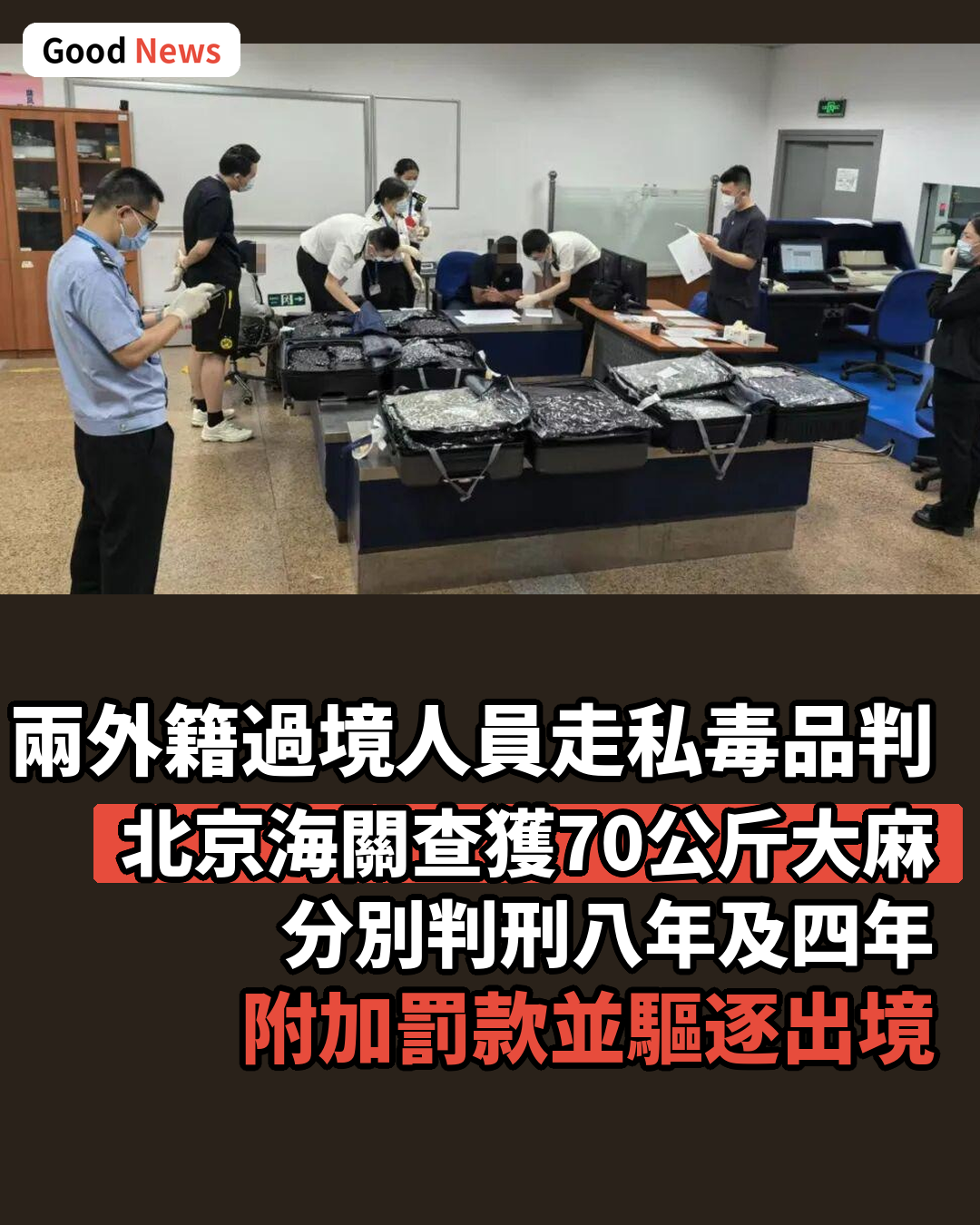 借道北京轉運70公斤大麻 兩外籍過境人員判刑