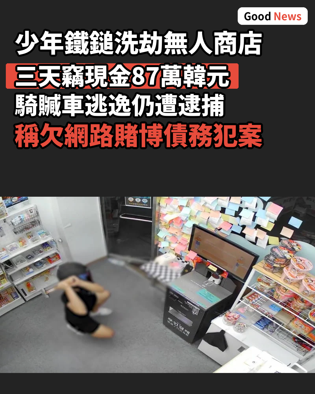 鐵鎚洗劫無人商店 無照騎車逃逸 十餘歲少年落網