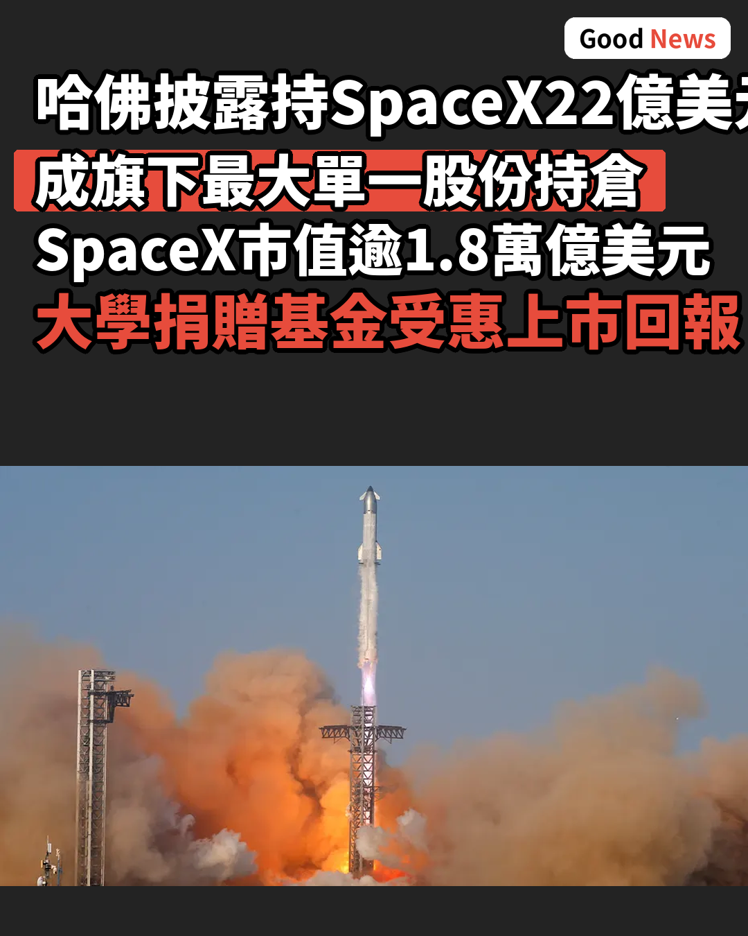 哈佛披露持SpaceX22億美元股份 成最大持倉