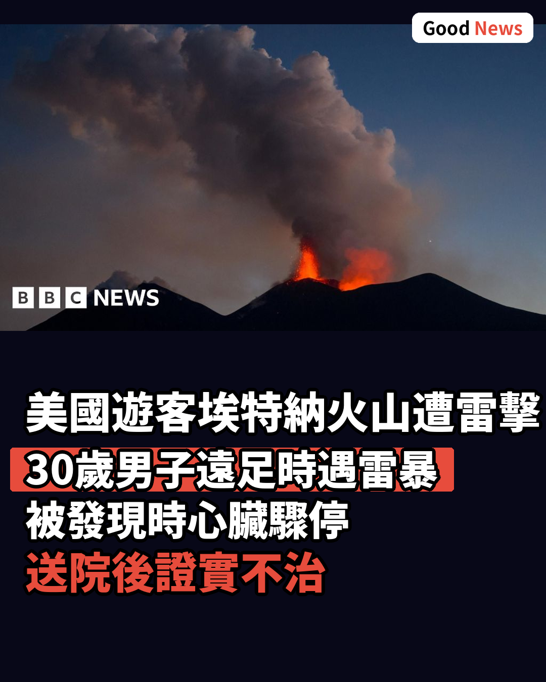美國遊客西西里島埃特納火山遠足遭雷擊身亡