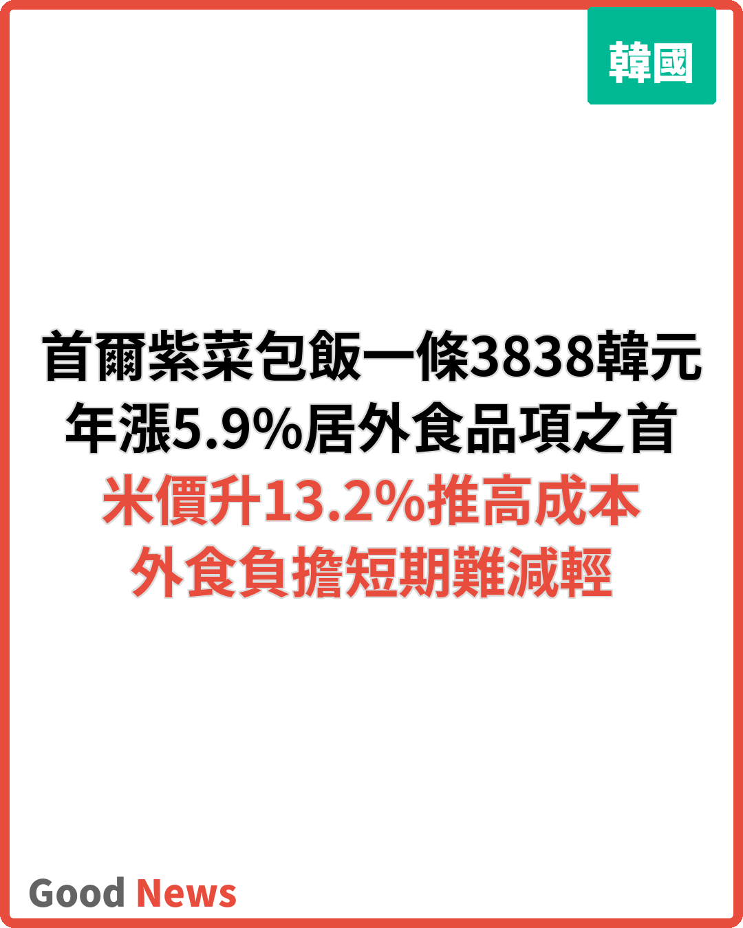韓國米價雞蛋上漲 紫菜包飯一條近3838韓元