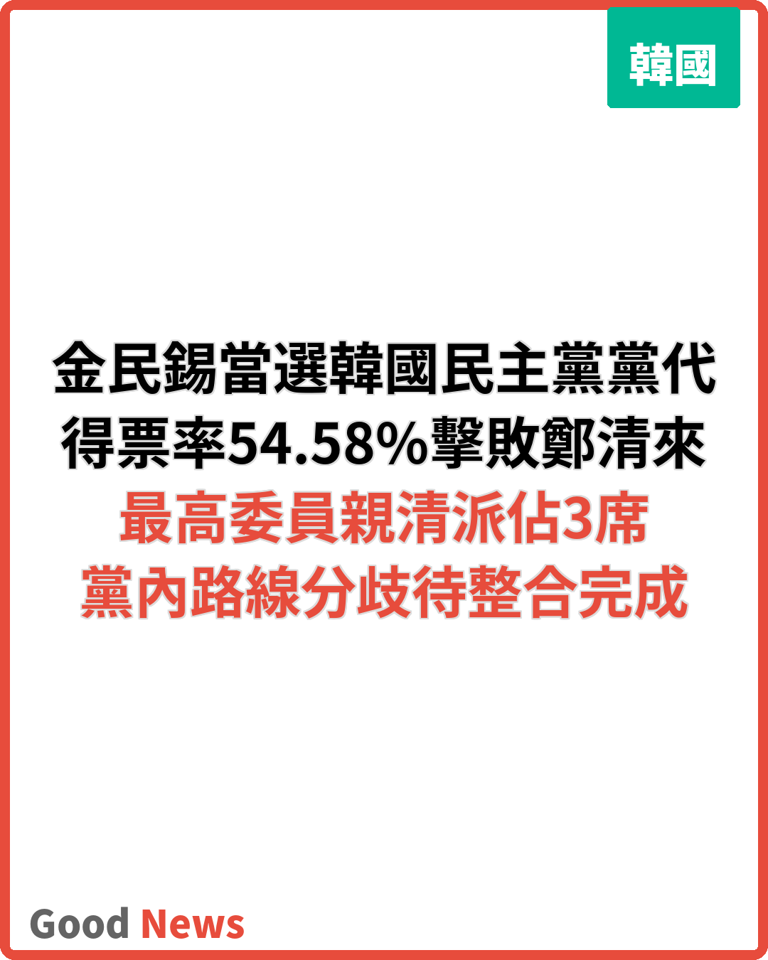 韓國民主黨新黨魁出爐 金民錫當選黨代表