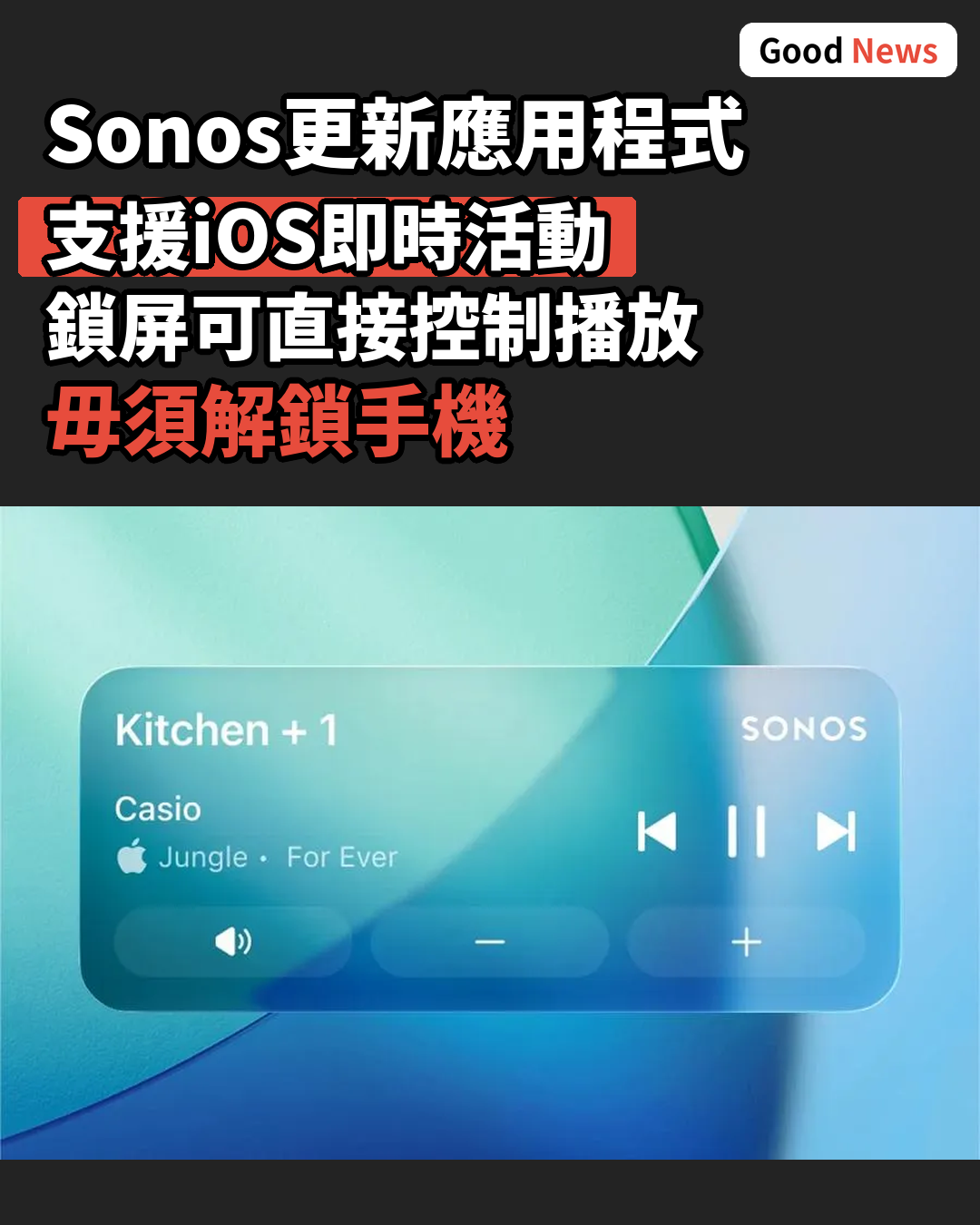 Sonos終推iOS鎖屏控制功能