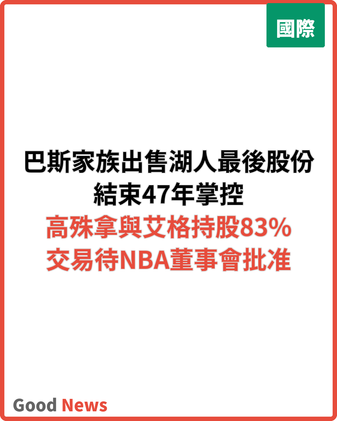 巴斯家族出售湖人最後股份 高殊拿艾格接掌