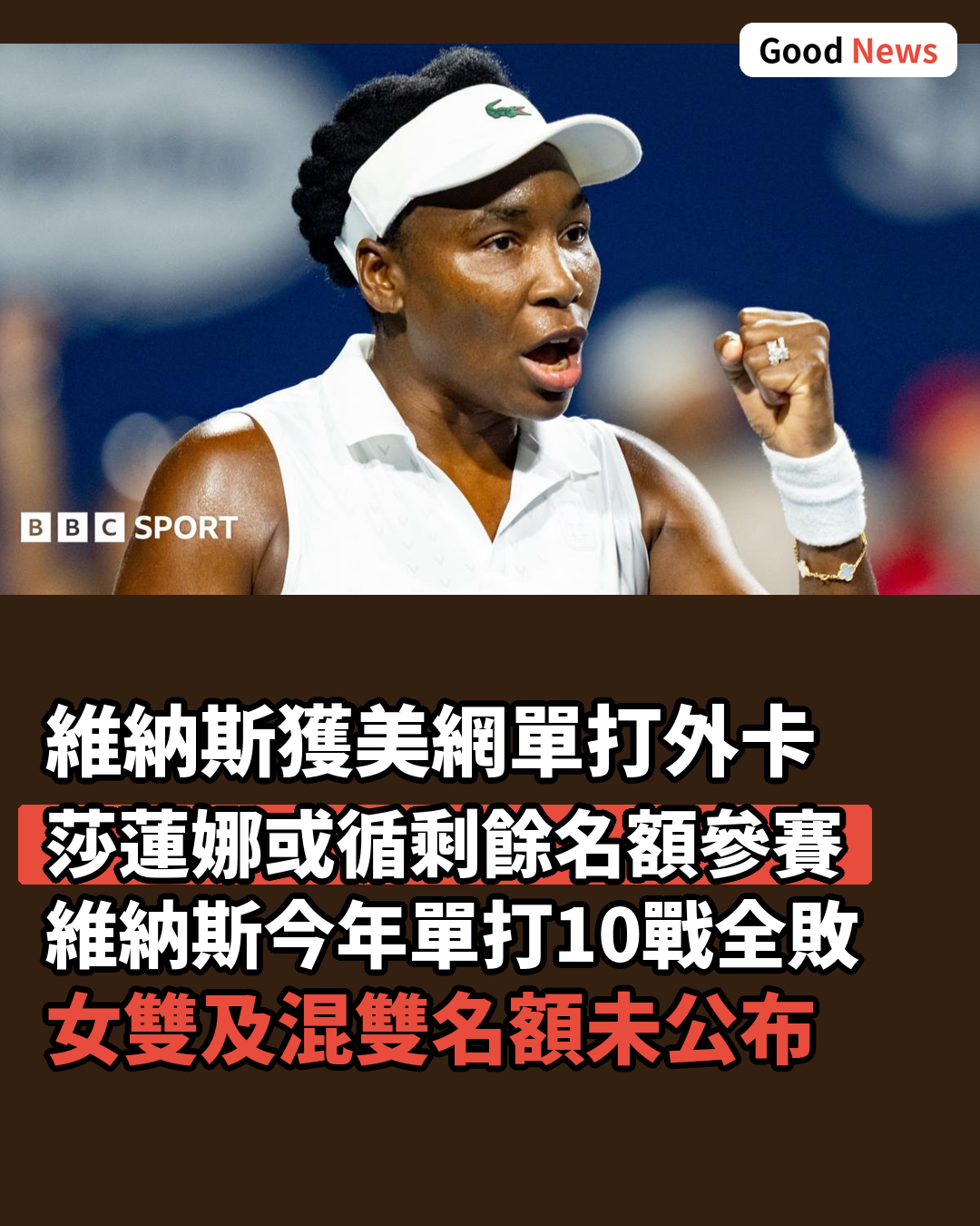 維納斯獲美網單打外卡 莎蓮娜或隨後加入