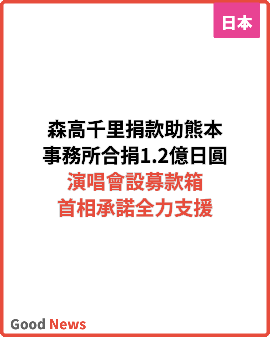 森高千里與事務所捐1.2億日圓助熊本地震重建