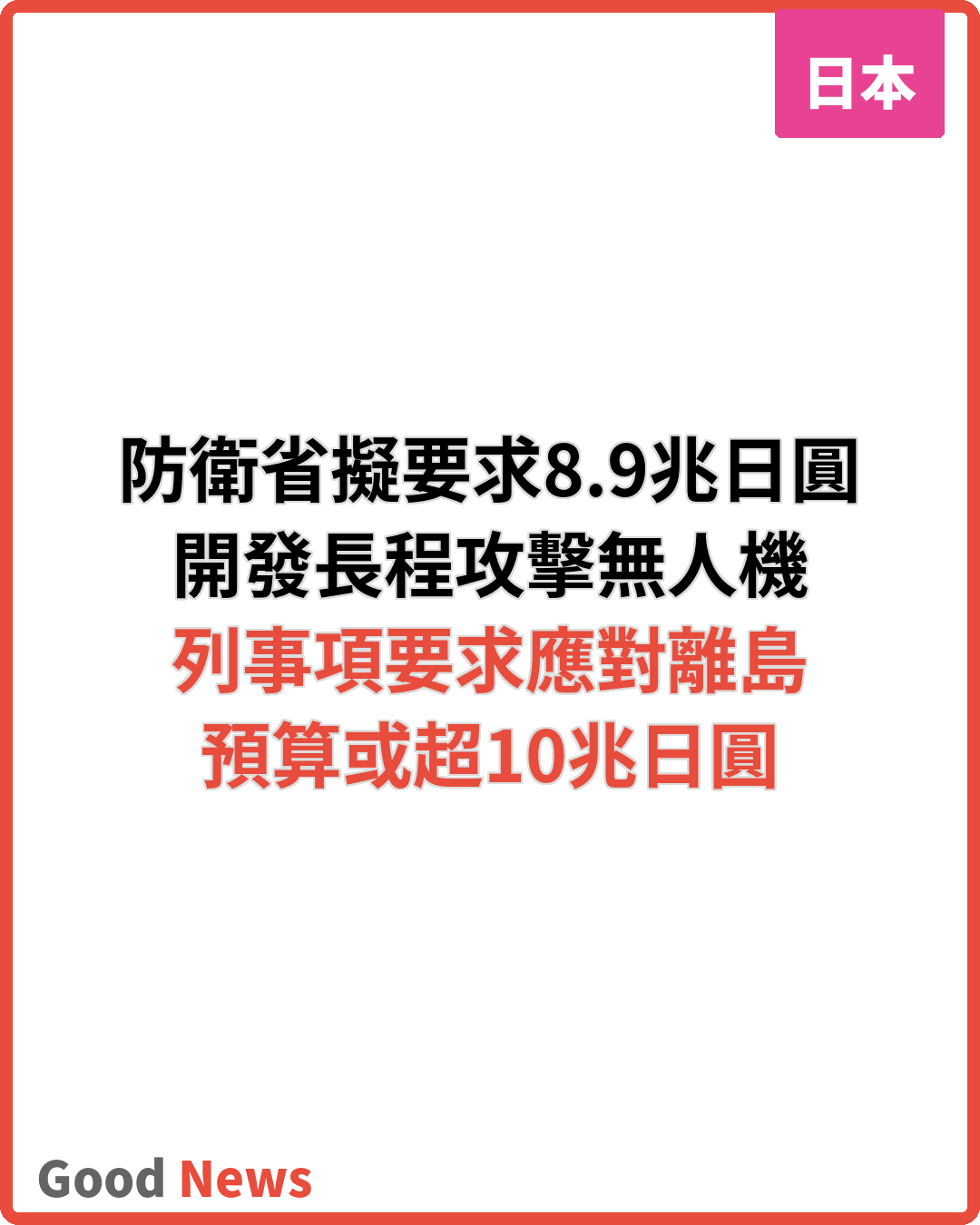 日本防衛省擬要求8.9兆日圓預算 開發長程攻擊無人機