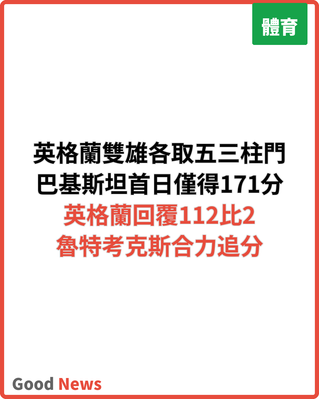 英格蘭雙雄各取五個三柱門 巴基斯坦首日失171分