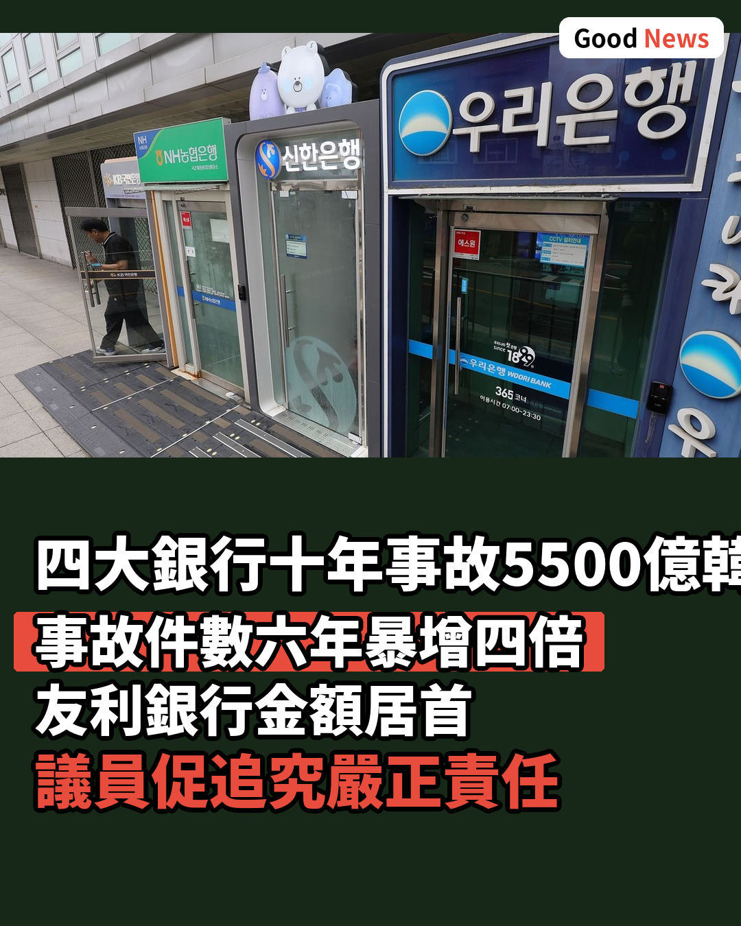 韓國四大銀行十年金融事故達5500億韓元