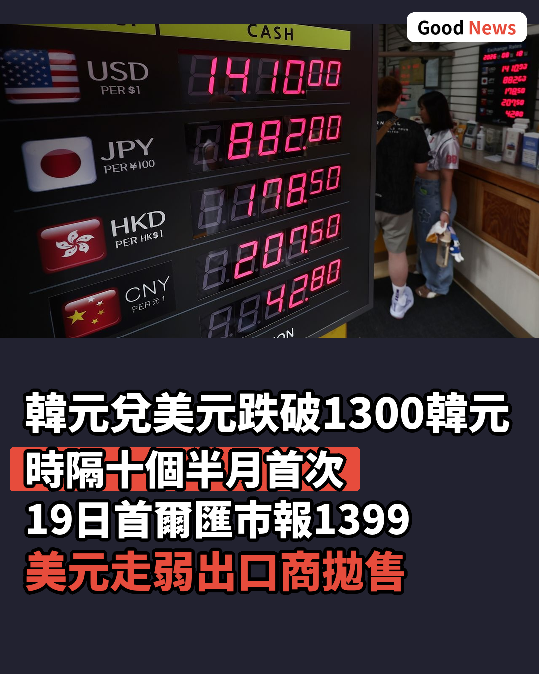 韓元兌美元匯率時隔十個半月跌破1300韓元關卡