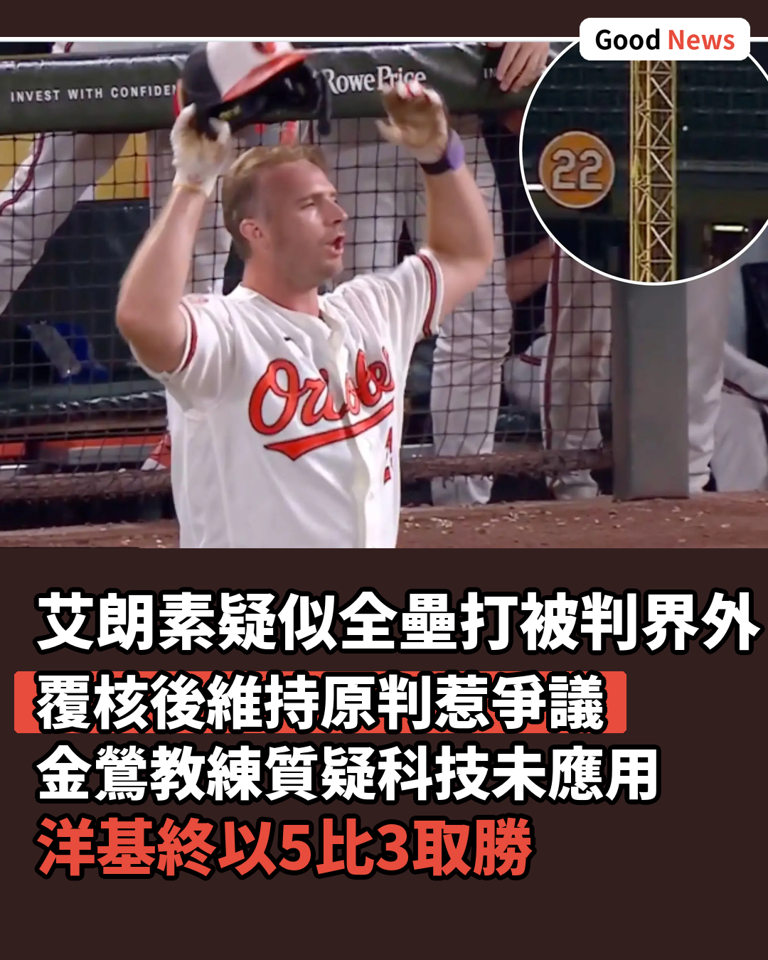 艾朗素疑似全壘打被判界外 金鶯球迷震怒